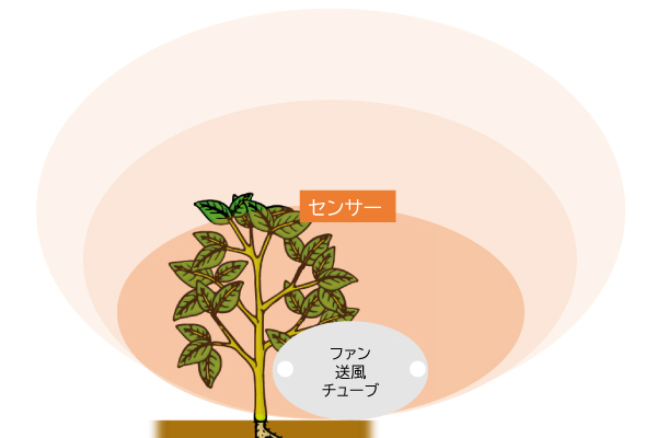 低濃度の場合、ファン送風空気の混入により、センサーまでの濃度勾配が生じにくい 。